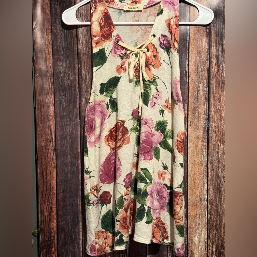 Ginger G Floral Tank Top - Cream and Pink